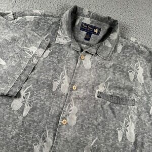 Nat Nast Shirt Mens XL Gray Hawaiian Musical Instruments Print Loop Collar
